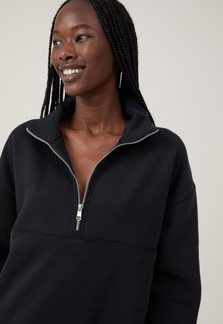 Cotton On - Plush Essential Half Zip Jumper - Black