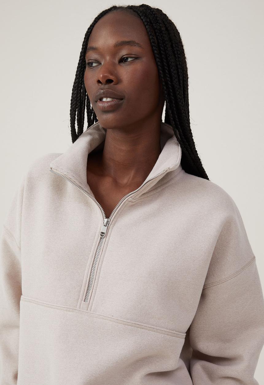 Cotton On - Plush Essential Half Zip Jumper - Sesame Marle
