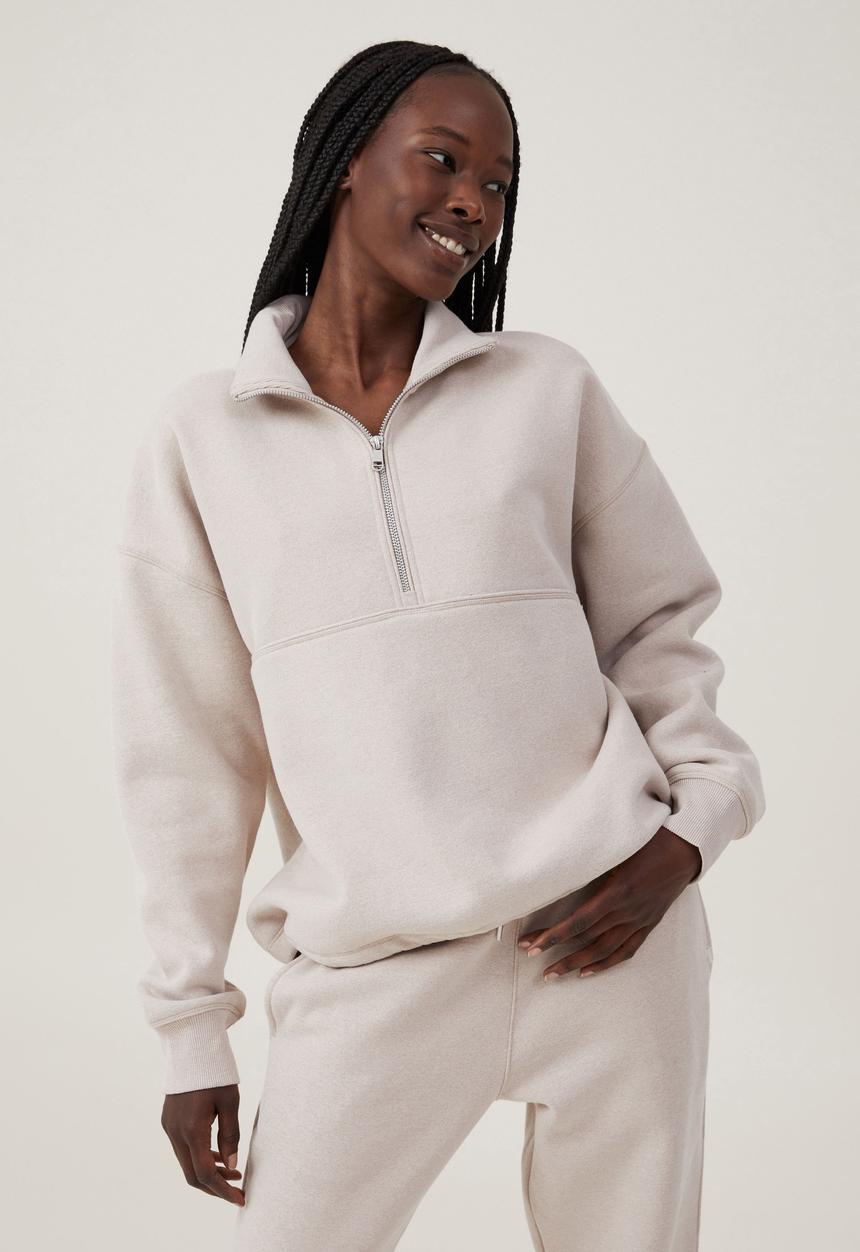 Cotton On - Plush Essential Half Zip Jumper - Sesame Marle