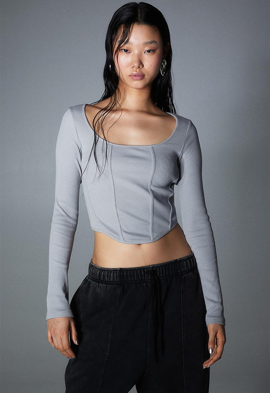 H&M - Corset-style ribbed top - light grey