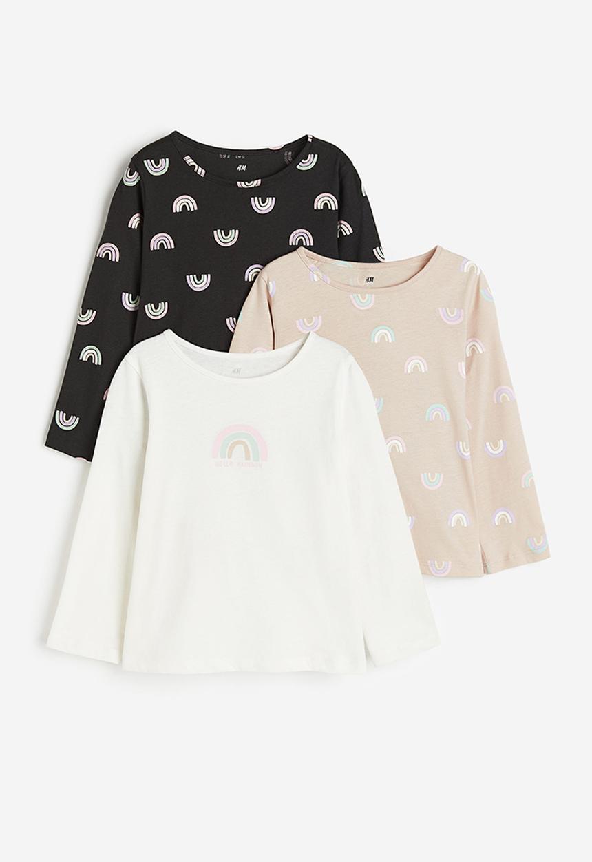 H&M - 3-pack long-sleeved jersey tops - dark grey rainbows