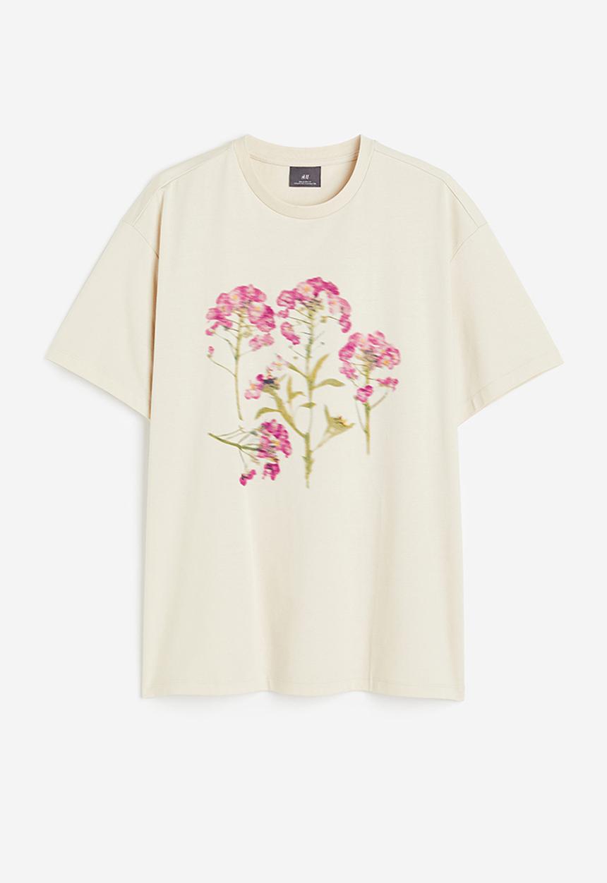 H&M - Relaxed fit printed T-shirt - Beige Flowers