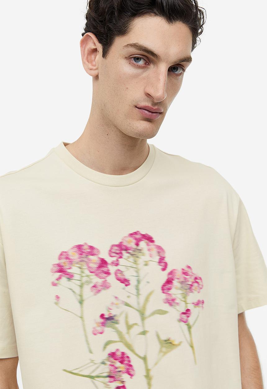H&M - Relaxed fit printed T-shirt - Beige Flowers
