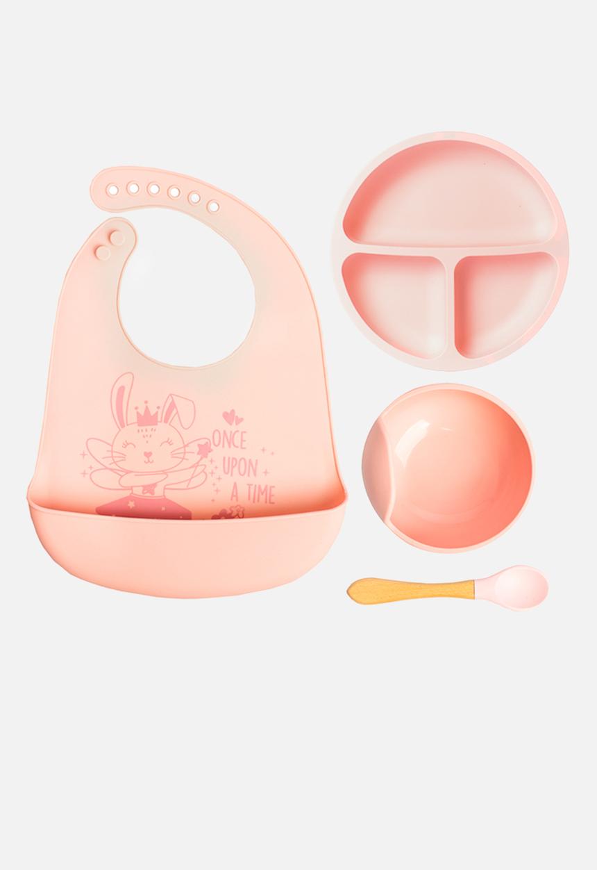 Character Group - Bunny fairy 4pc silicone feeding set: bib/ spoon/ bowl & divider plate  - pink