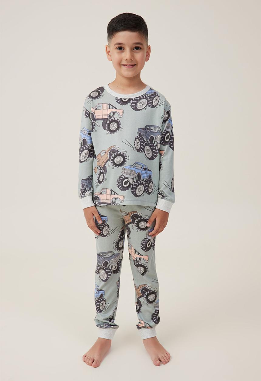 Cotton On - Chuck long sleeve pyjama set - stone green/monster trucks