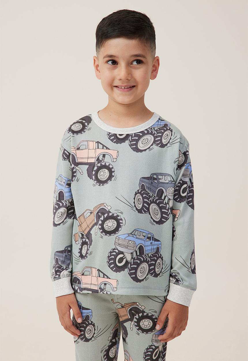 Cotton On - Chuck long sleeve pyjama set - stone green/monster trucks