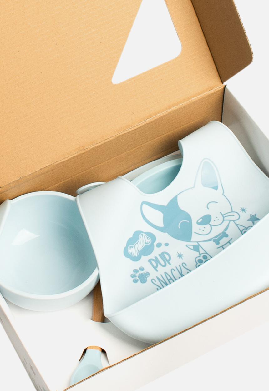 Character Group - Doggy 4pc silicone feeding set: bib/ spoon/ bowl & divider plate  - blue