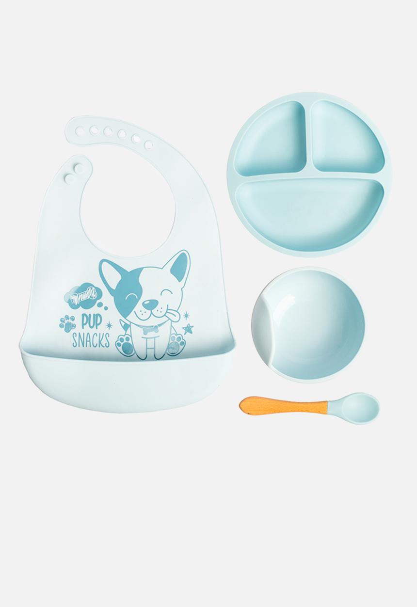 Character Group - Doggy 4pc silicone feeding set: bib/ spoon/ bowl & divider plate  - blue