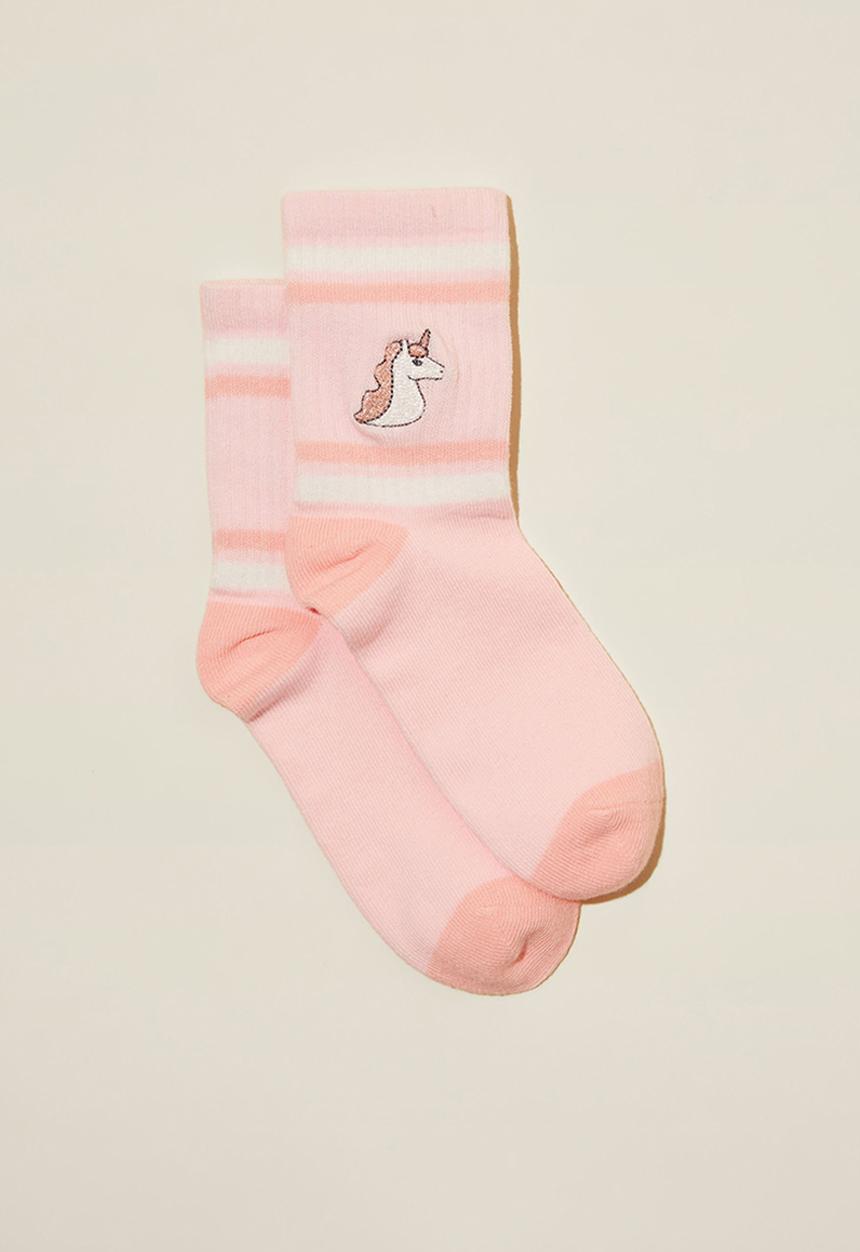 Cotton On - Single pack crew socks - blush pink/unicorn embroidery