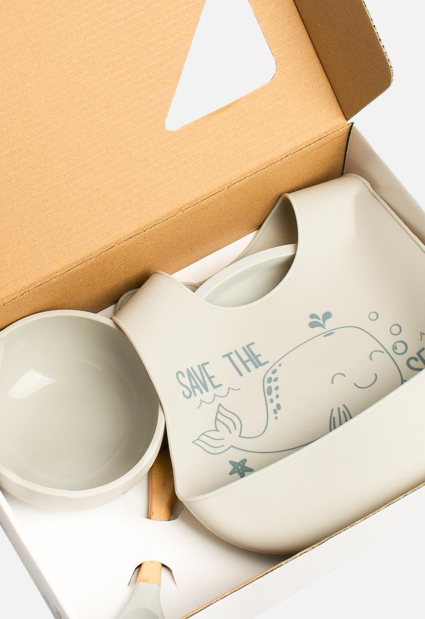 Character Group - Whale 4pc silicone feeding set: bib/ spoon/ bowl & divider plate - grey
