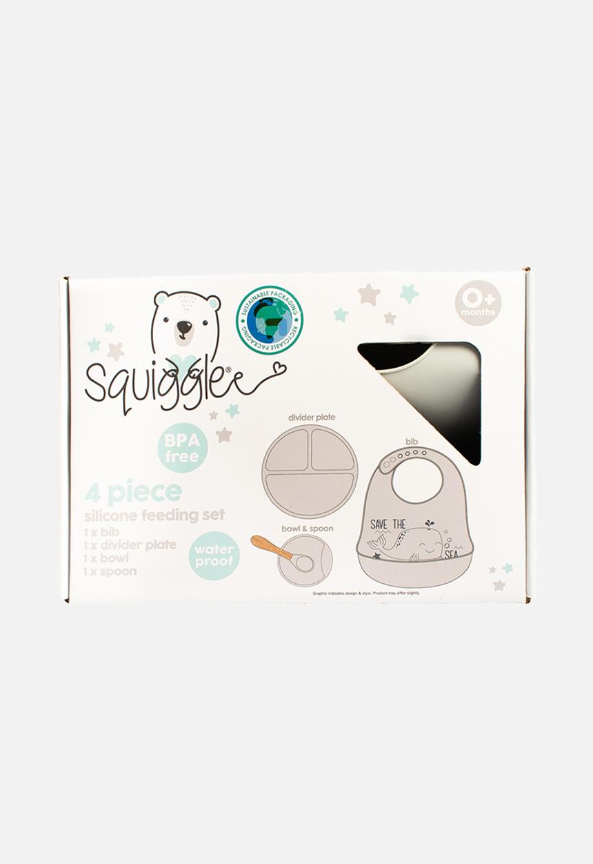 Character Group - Whale 4pc silicone feeding set: bib/ spoon/ bowl & divider plate - grey