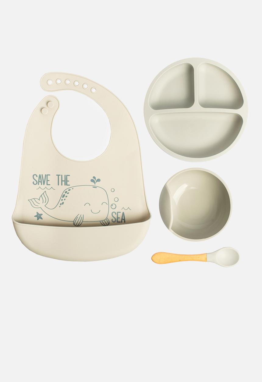 Character Group - Whale 4pc silicone feeding set: bib/ spoon/ bowl & divider plate - grey