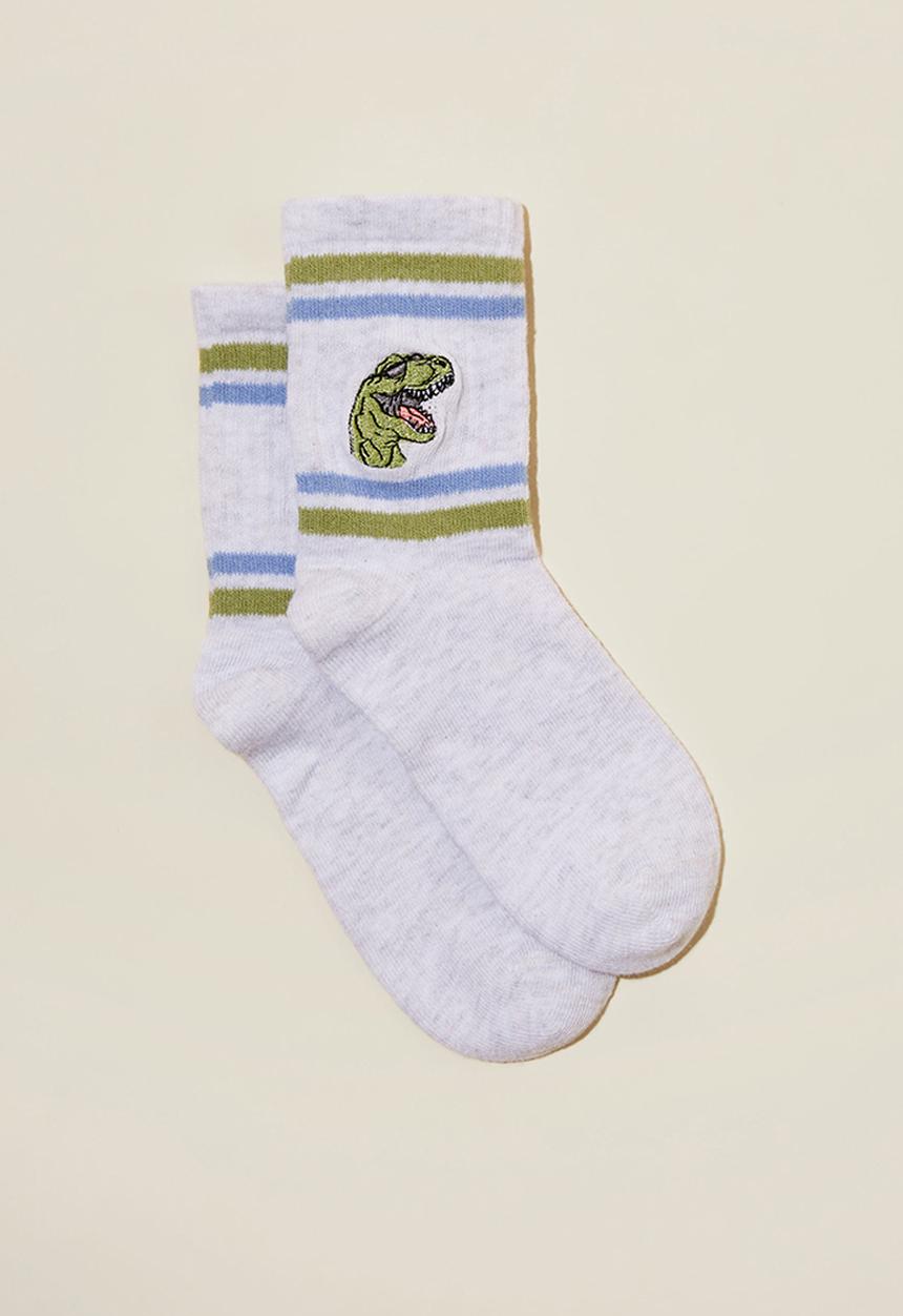 Cotton On - Single pack crew socks - cloud marle/dino embroidery