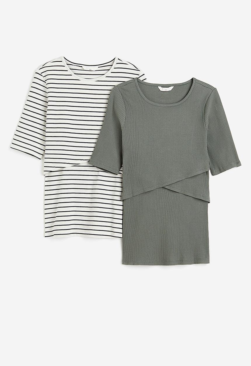 H&M - Mama before & after 2-pack maternity/nursing tops - green,white,multi