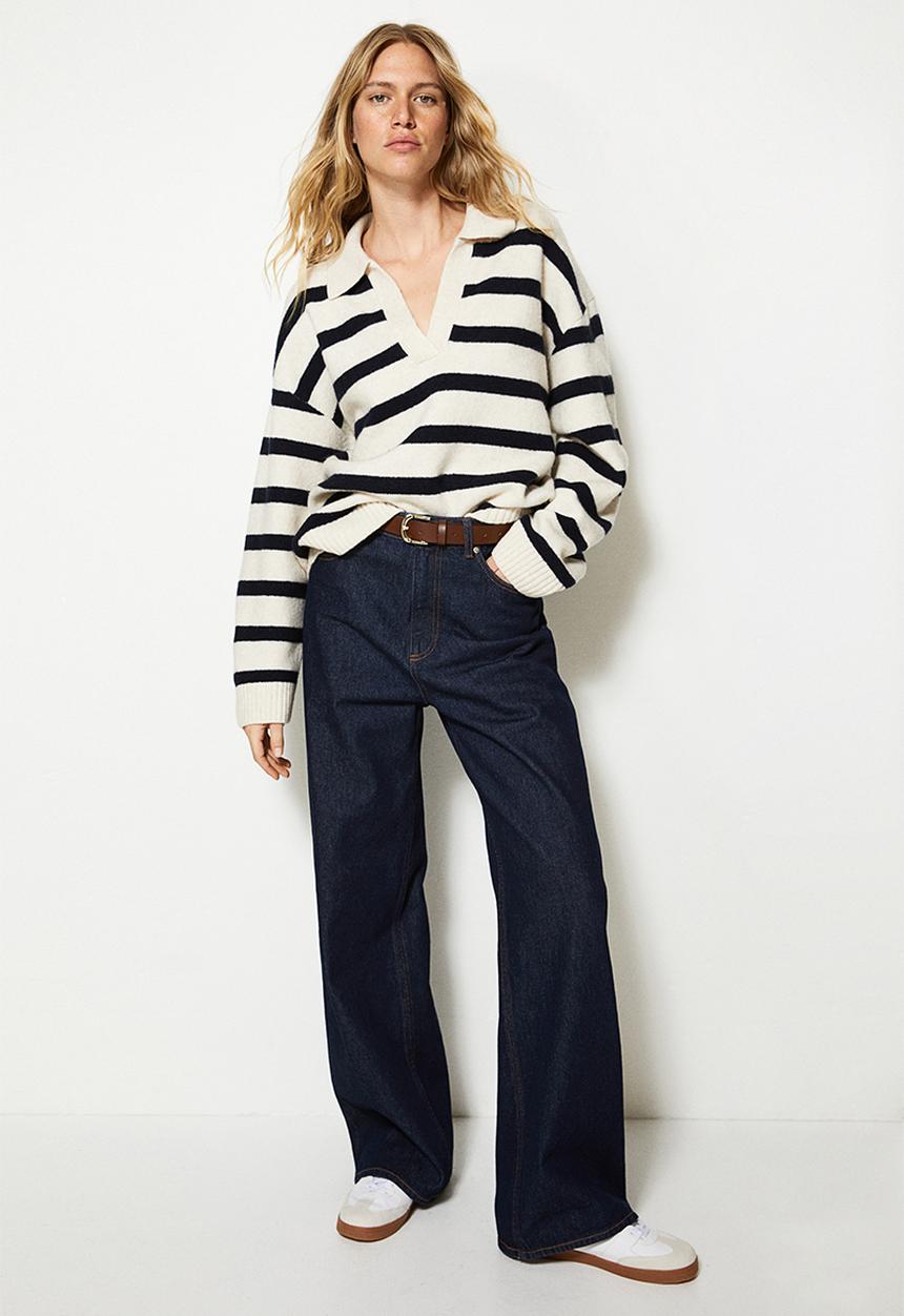 H&M - Fine-knit collared jumper - light beige/striped