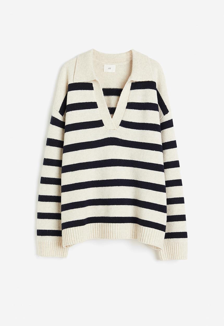 H&M - Fine-knit collared jumper - light beige/striped