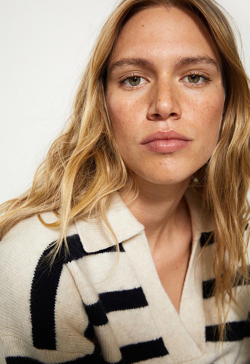 H&M - Fine-knit collared jumper - light beige/striped