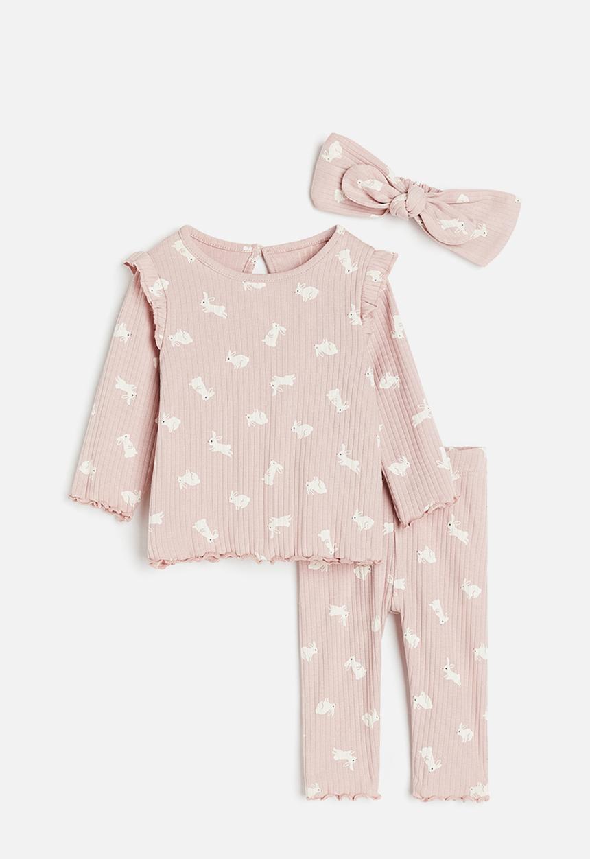 H&M - 3-Piece ribbed set - dusty pink & bunnies