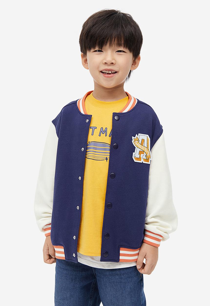H&M - Motif-detail baseball jacket - dark blue & block-coloured