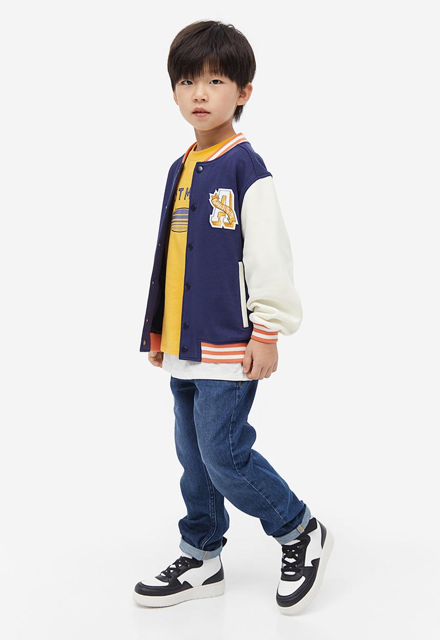 H&M - Motif-detail baseball jacket - dark blue & block-coloured