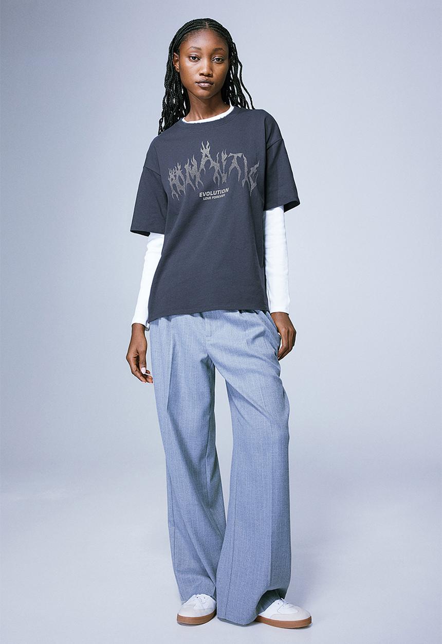 H&M - Oversized printed T-shirt - dark grey/romantic
