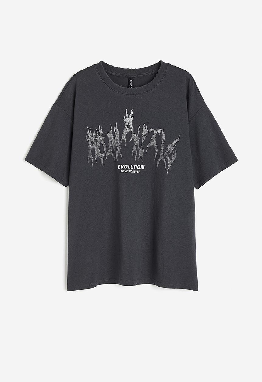 H&M - Oversized printed T-shirt - dark grey/romantic