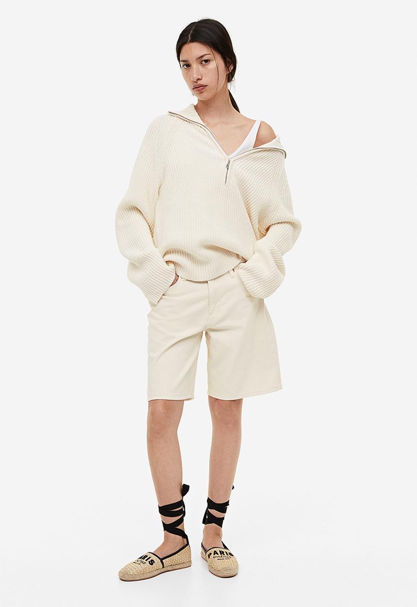 H&M - Rib-knit half-zip jumper - beige & white