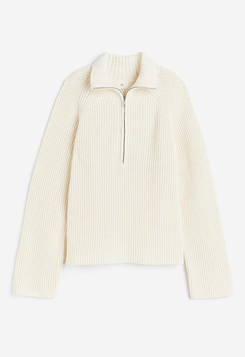 H&M - Rib-knit half-zip jumper - beige & white