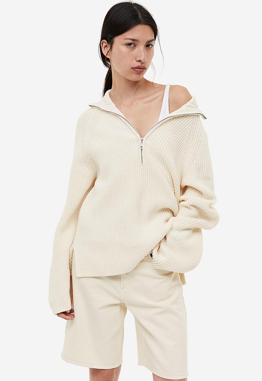 H&M - Rib-knit half-zip jumper - beige & white