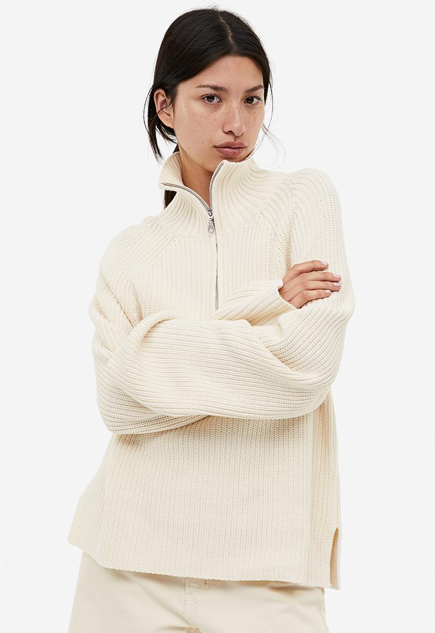 H&M - Rib-knit half-zip jumper - beige & white