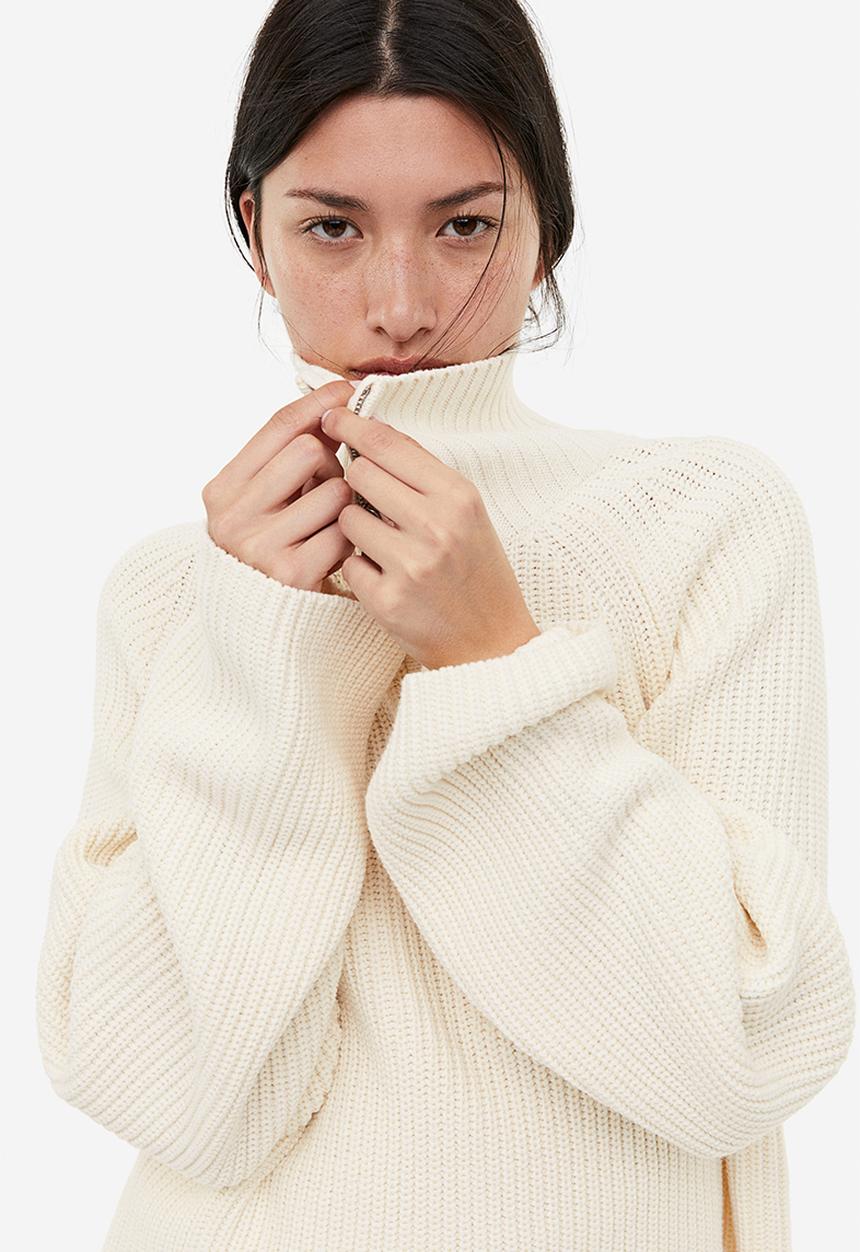 H&M - Rib-knit half-zip jumper - beige & white