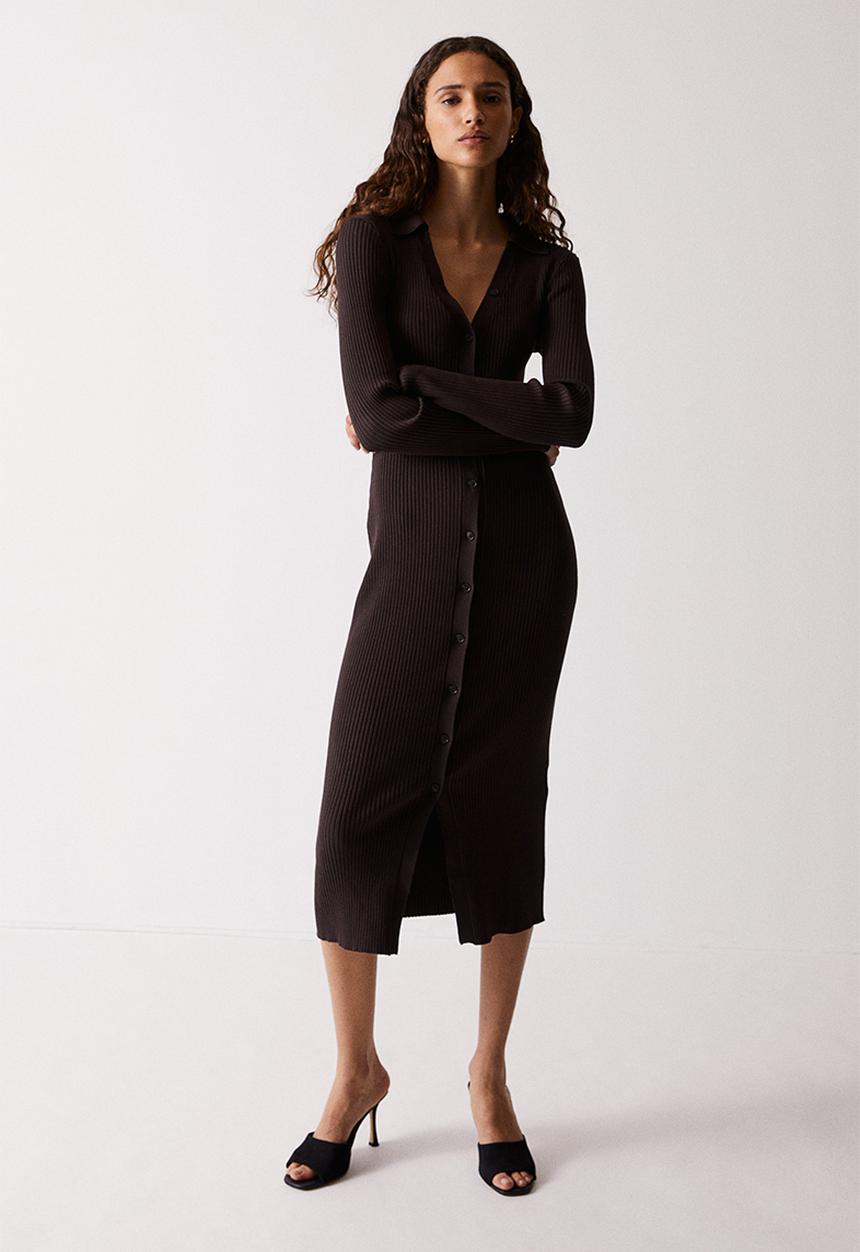 H&M - Rib-knit button-front dress - dark brown