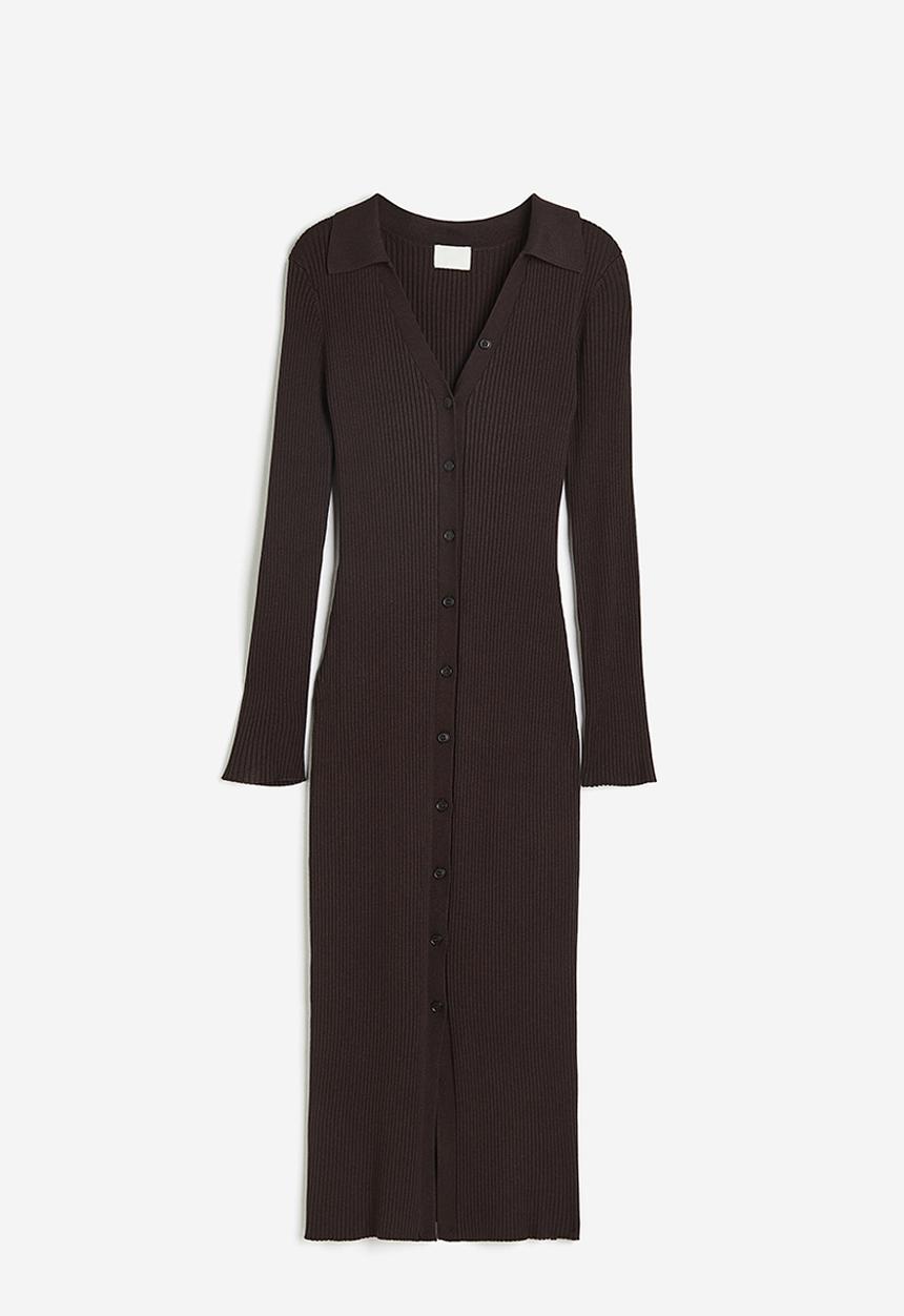 H&M - Rib-knit button-front dress - dark brown