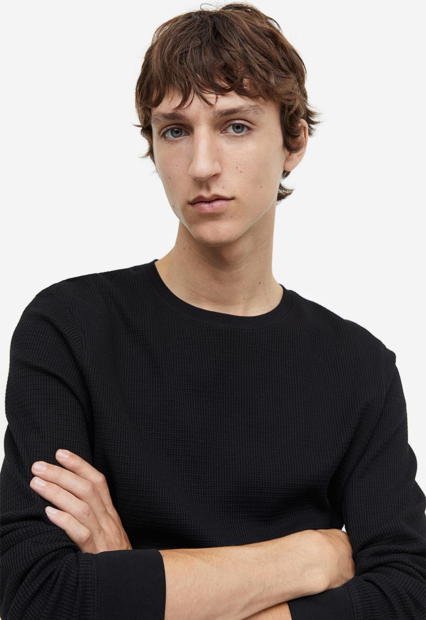 H&M - Slim fit waffled jersey top - black