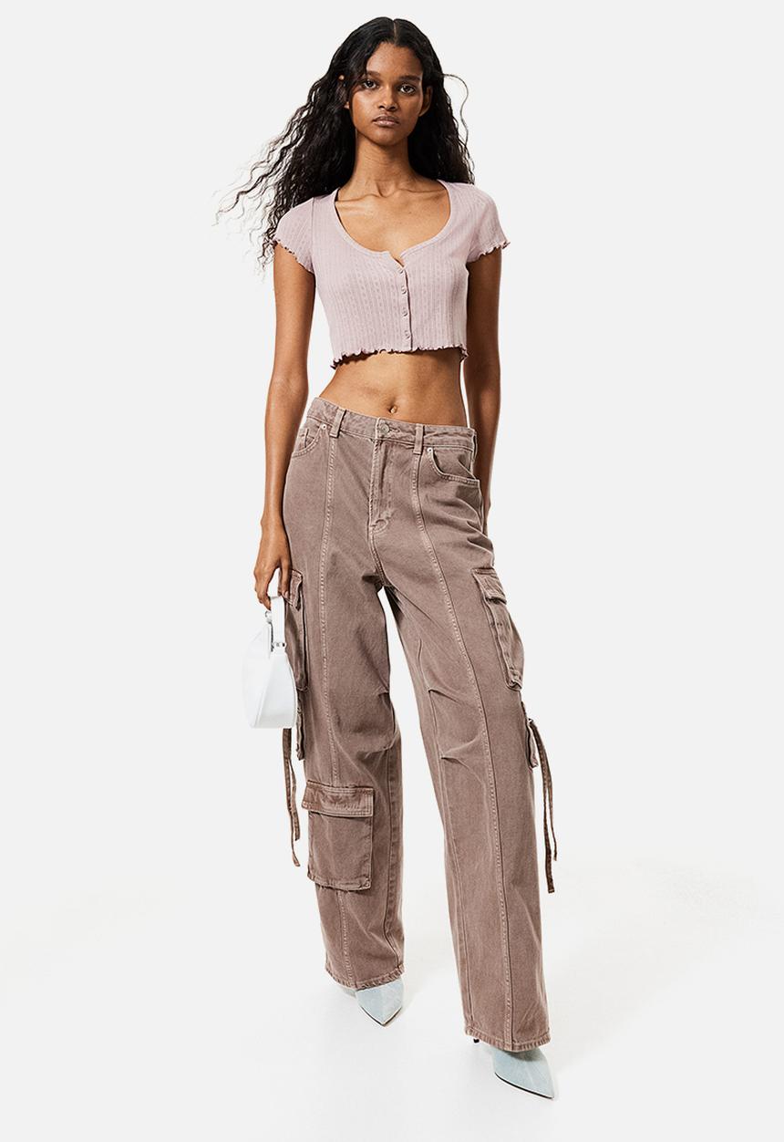 H&M - Button-front pointelle jersey top - pink