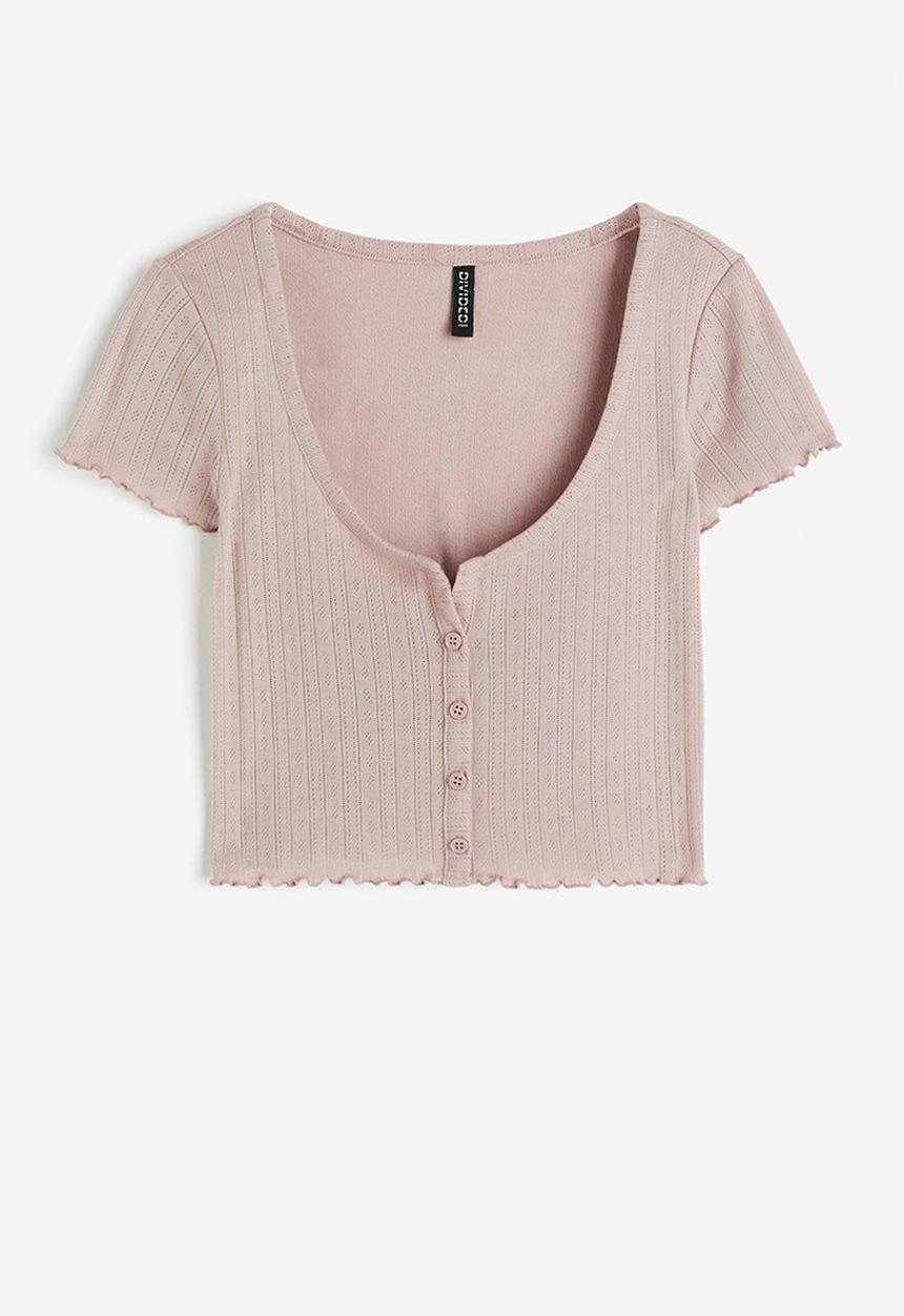 H&M - Button-front pointelle jersey top - pink