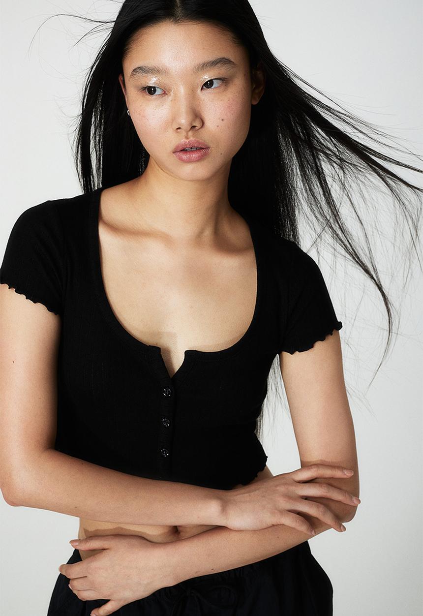 H&M - Button-front pointelle jersey top - black