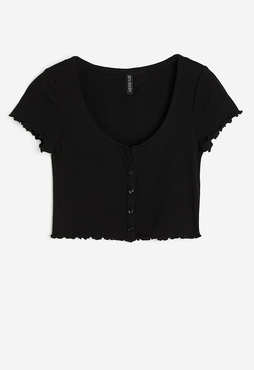 H&M - Button-front pointelle jersey top - black