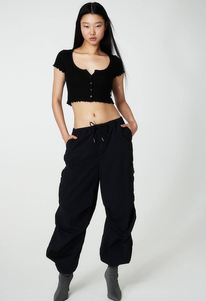 H&M - Button-front pointelle jersey top - black
