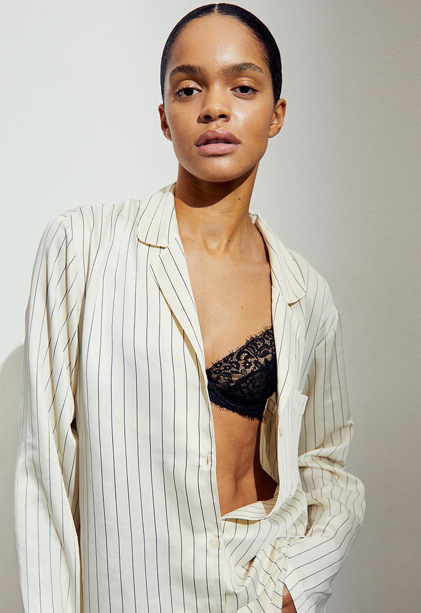 H&M - Satin pyjama shirt and bottoms - cream striped