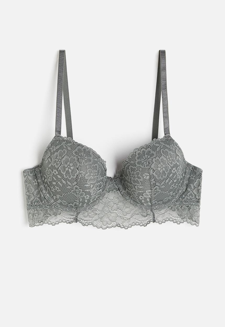 H&M - Padded underwired lace bra - grey-green