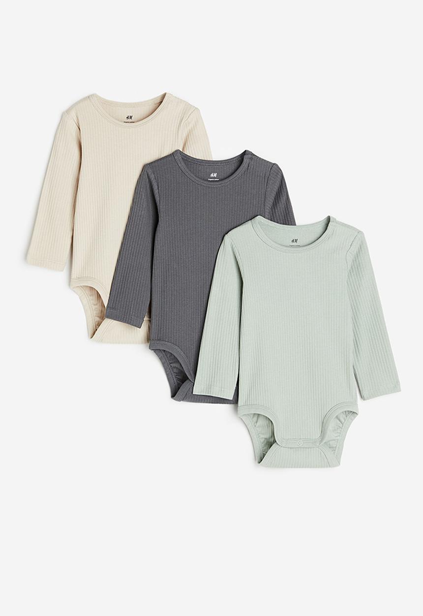 H&M - 3-pack ribbed bodysuits - green,grey,beige