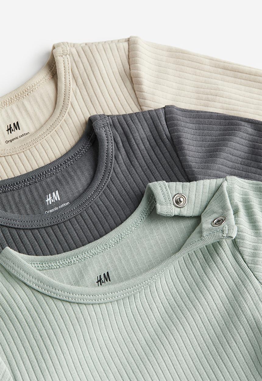 H&M - 3-pack ribbed bodysuits - green,grey,beige