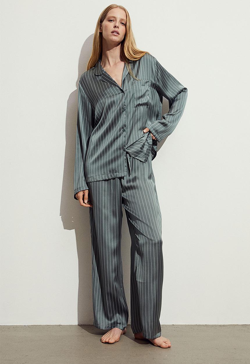 H&M - Satin pyjama shirt and bottoms - green striped