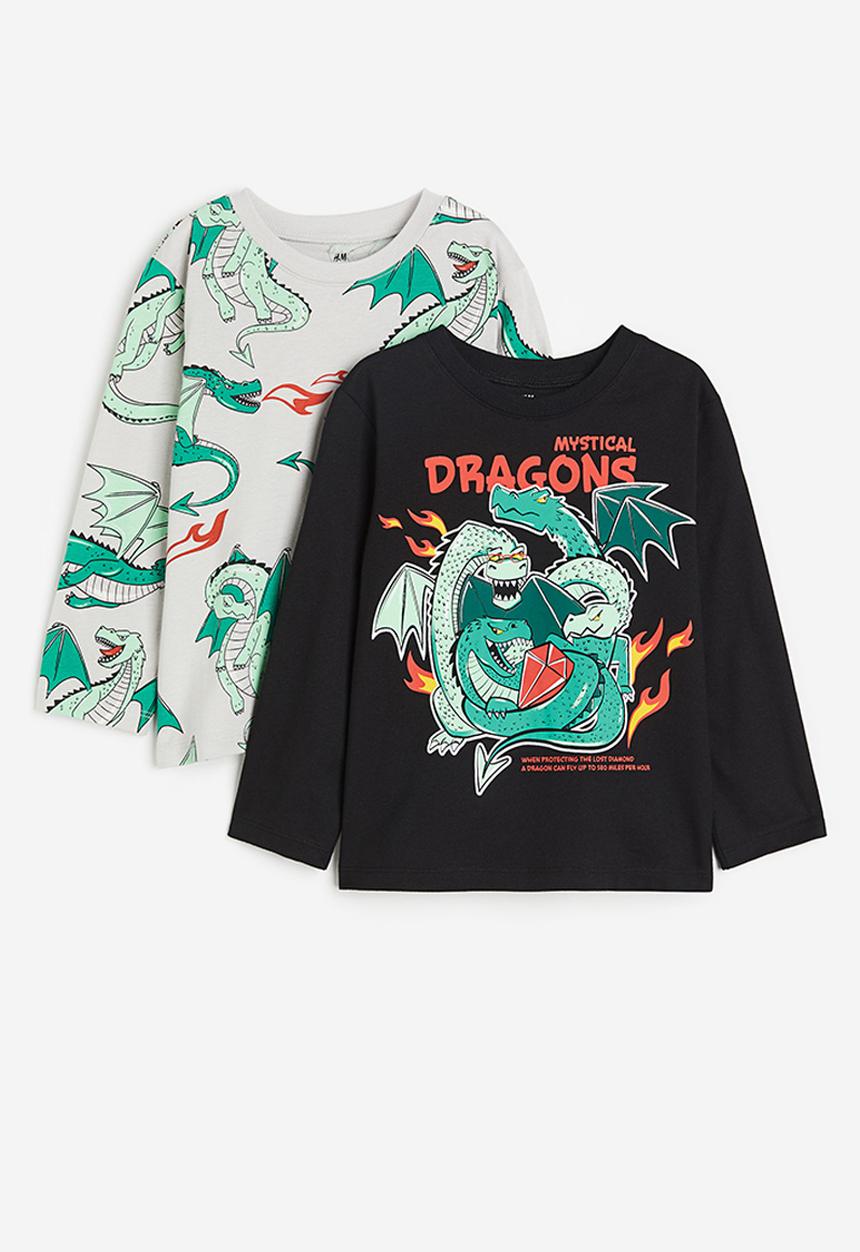 H&M - 2-pack long-sleeved t-shirts - black & green 