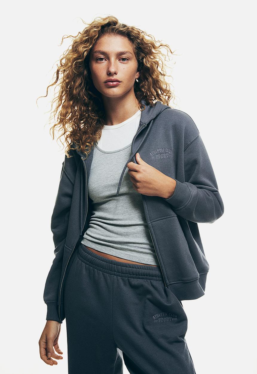 H&M - Embroidered zip-through hoodie - grey