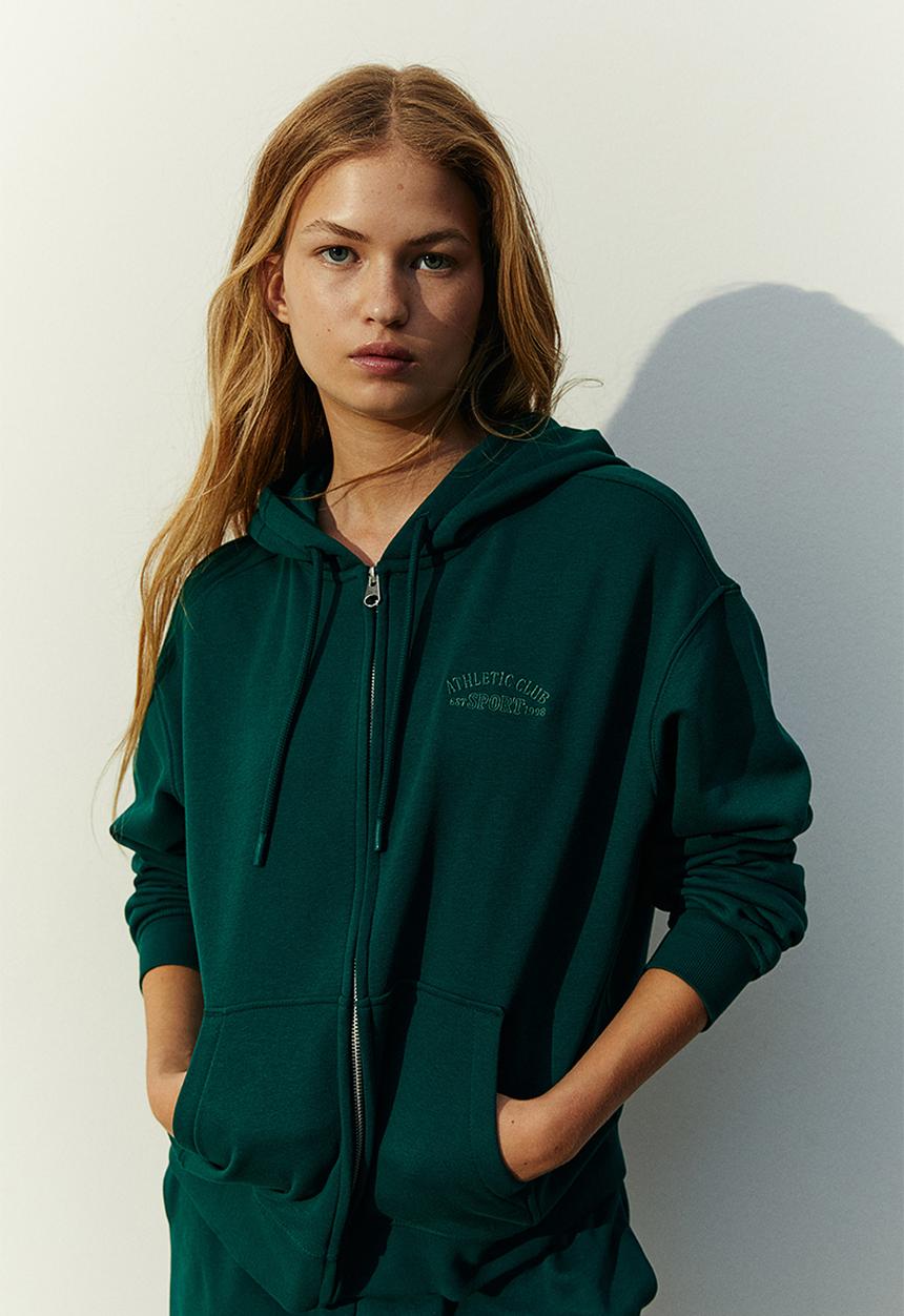 H&M - Embroidered zip-through hoodie - green