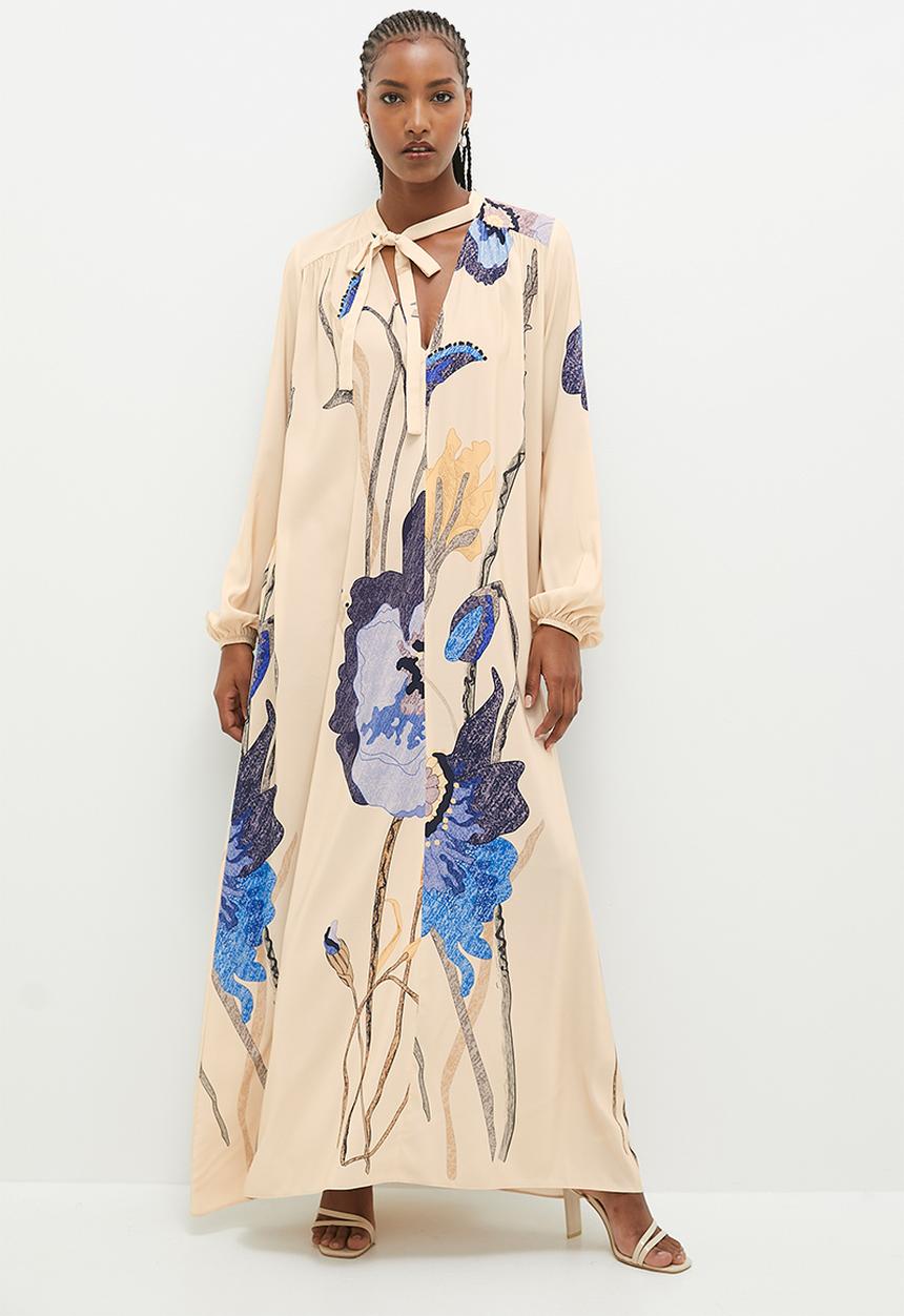 edit - Volume maxi trapeze dress - blue watercolour flower