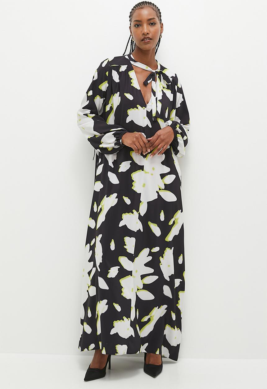 edit - Volume maxi trapeze dress - blurred liney floral