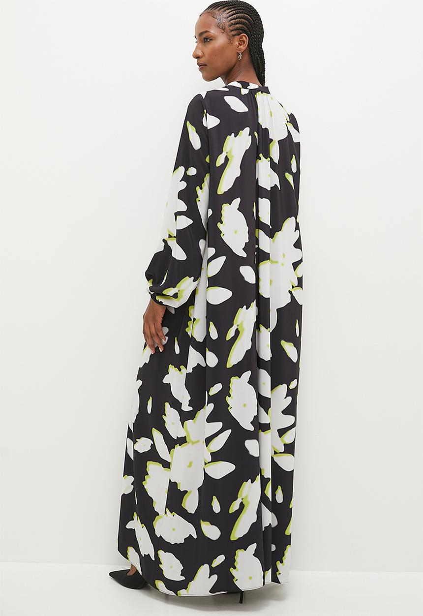 edit - Volume maxi trapeze dress - blurred liney floral